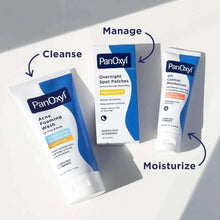Acne care routine panel showing acne foaming wash and moisturizer tubes