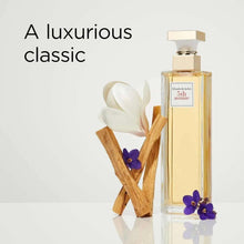 Eau de parfum bottle with gold cap and white and purple flowers, Elizabeth Arden 5th Avenue