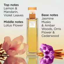 Eau de parfum bottle with gold cap, with pink and purple flowers, Elizabeth Arden 5th Avenue
