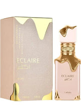 Lattafa Eclaire gift set: eau de parfum box and matching pink bottle with gold cap