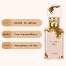Lattafa Eclaire bottle with fragrance notes panel showing top, middle, and base