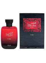 Men's Eau de Parfum bottle and retail box, dark red with black cap, Hawas Fire