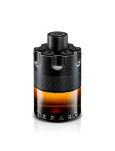 Men's intense parfum bottle, black textured body with rounded cap and amber base