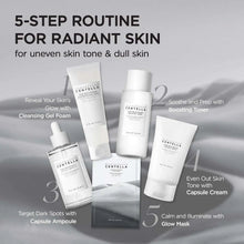 Set of tone serum bottles and ampoule vials with white caps, stacked routine display