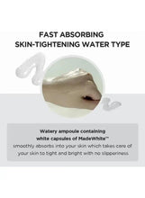 Fast-absorbing skin-tightening ampoule graphic with watery white capsules