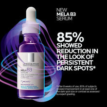 La Roche-Posay Mela B3 serum bottle with purple swirls on dark background
