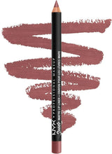 Suede matte lip liner pencil with mauve-brown shade and color swatch smear.