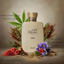 Beige eau de parfum bottle with gold cap, Viper label, surrounded by decor.