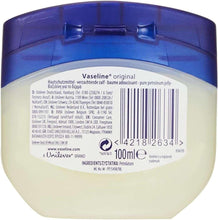 Vaseline Original petroleum jelly jar, back label with 100 ml text and blue lid
