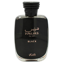Rasasi Hawas Black eau de parfum bottle with black cap and silver base, 100 ml