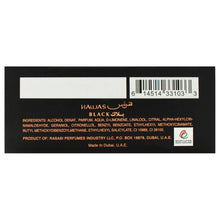 Rasasi Hawas Black eau de parfum label with barcode and ingredients list