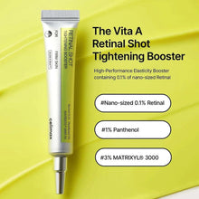 Retinal shot tightening booster serum tube with ingredient callouts in speech bubbles