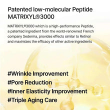 MATRIXYL3000 peptide infographic with wrinkle and pore improvement bullet list