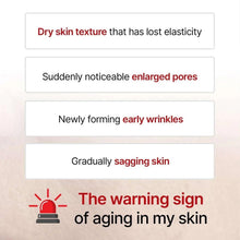 Skin aging warning infographic listing enlarged pores, early wrinkles, and sagging skin