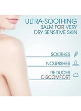 Ultra-soothing balm for very dry skin infographic with soothing and nourishing icons