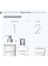 Bioderma Pigmentbio Sensitive areas routine graphic with cleanser and treat bottles