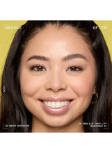 Smiling face with eyebrow lift before-and-after split, neatly styled brows