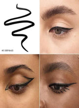 Deep black eyeliner swatch lines and winged eye looks on eyes