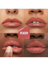 Peachy peach-pink liquid lipstick swatches on lips, glossy finish