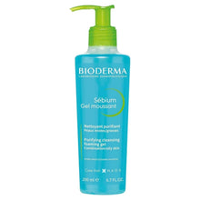 Foaming gel cleanser bottle with green pump, blue body, Bioderma Sébium label