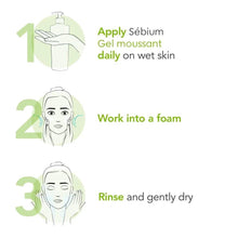 Sebium foaming cleanser step instructions with bottle and text icons