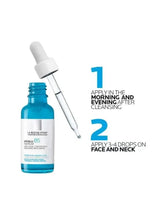 Blue Hyalu B5 serum bottle with white dropper dispensing drops for face and neck