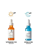 Hyalu B5 serum bottle with white dropper, shown with day and night icons