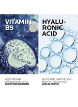 Hyalu B5 and hyaluronic acid benefit graphics with water droplet imagery