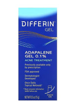 Differin Adapalene gel 0.1% acne treatment box, blue front with dosage details