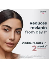 Woman’s face with Eucerin even skin tone serum claim text
