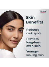 Woman’s face with Eucerin skin benefits for dark spots serum text