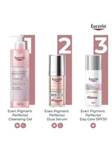Eucerin Even Pigment Perfector range lineup bottles: cleanser, serum, SPF50
