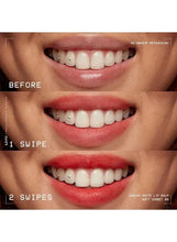 Lip balm product showing on lips before-and-after swipes, soft matte finish.