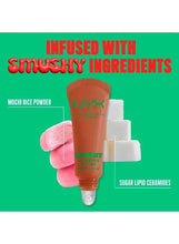 NYX smushy matte lip balm tube with pink mochi rice powder and lip balm cap.