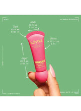 NYX Smushy matte lip balm tube held by hand with size diagram on green.