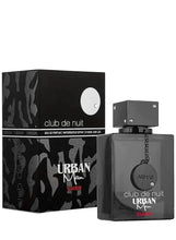 Eau de parfum bottle and box, dark black packaging with 'club de nuit' text