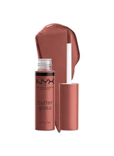 NYX Butter Gloss lip gloss with open applicator, Praline brown-nude