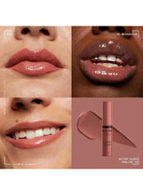 Praline brown-nude lip gloss shade swatches on lips with NYX Butter Gloss