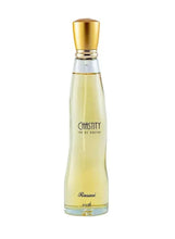 Gold-capped eau de parfum bottle, clear glass with pale yellow liquid
