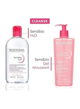 Bioderma Sensibio cleanser bottles, one pink pump bottle and one white bottle