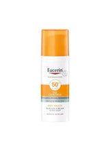 Sunscreen gel-cream bottle with amber cap, SPF 50+ oil control dry touch label