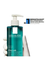 La Roche-Posay Effaclar micro-peeling purifying gel bottle with white pump and hands