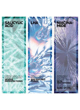 Three skincare ingredient panels: salicylic acid, LHA, niacinamide