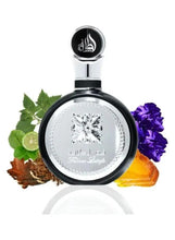 Round eau de parfum bottle with black cap and silver medallion-style label