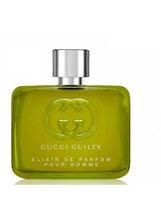 Gucci Guilty Elixir de Parfum men’s bottle in green glass, silver cap, logo.