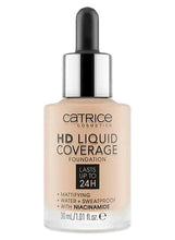 Liquid foundation bottle with black pump; beige HD Liquid Coverage label, 30 ml.