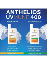 Anthelios UVMUNE 400 invisible fluid SPF 50+ bottles with 'oil control fluid' text