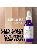Mela B3 serum bottle with white dropper, purple glass (front view)