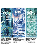 Salicylic acid skincare ingredient panel, text columns on three blue-toned cards