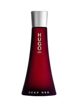 Red eau de parfum bottle with silver cap and HUGO Deep Red label